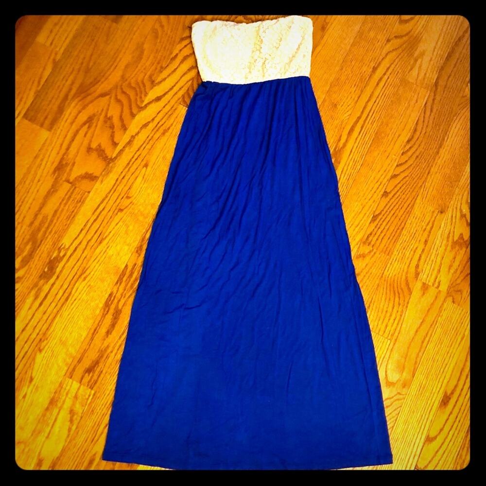 Maxi Strapless Lace Knit Royal Blue & Tan Summer Dress Women’s Size S NWOT